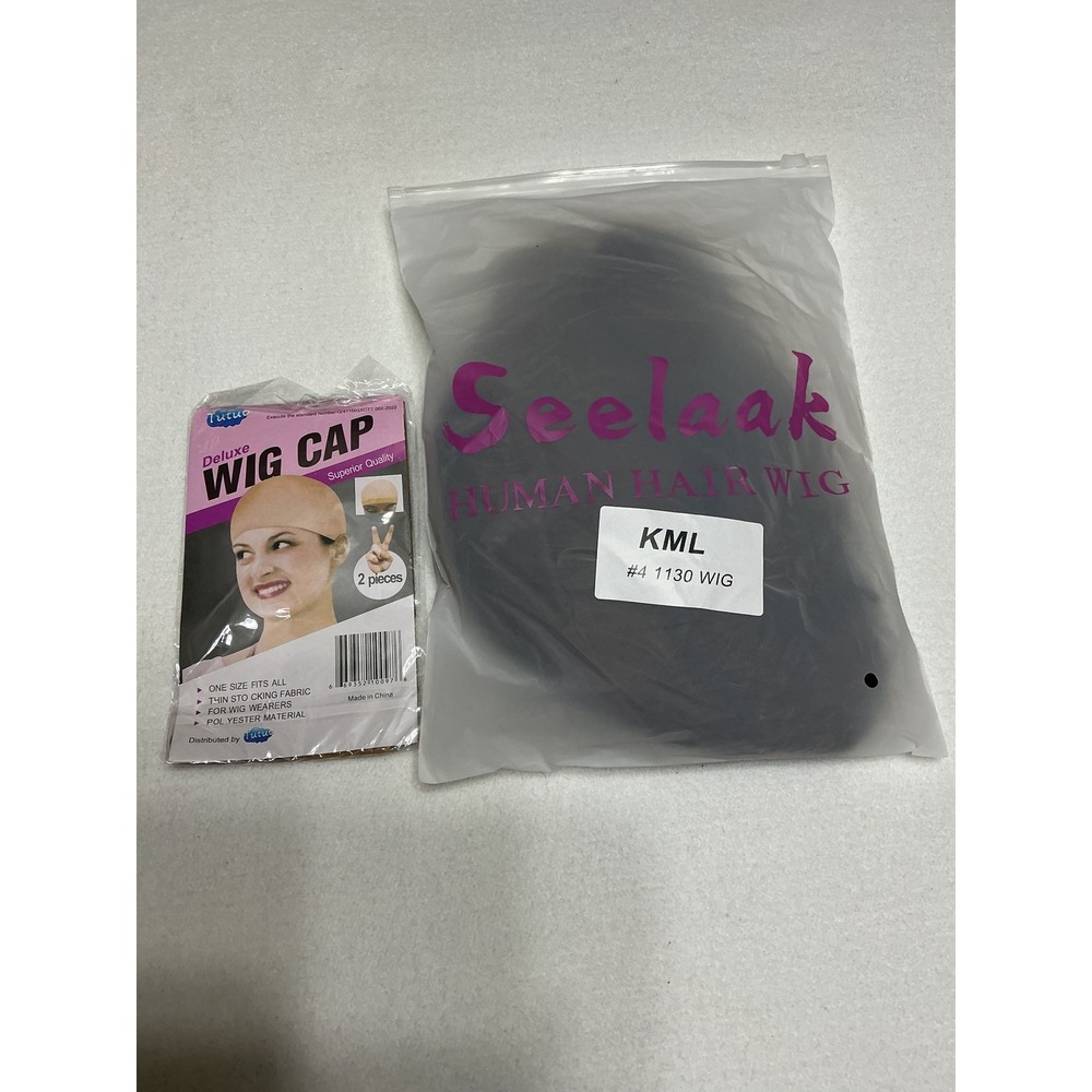 Seelaak Human Hair Wig #4 Brown Short Layered Pixie Side Swept Wig with Caps